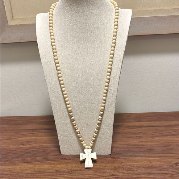 Rosary Necklace Long with Light Wood Beads & Natural Magnesite Stone Cross. - Picture 1 of 4